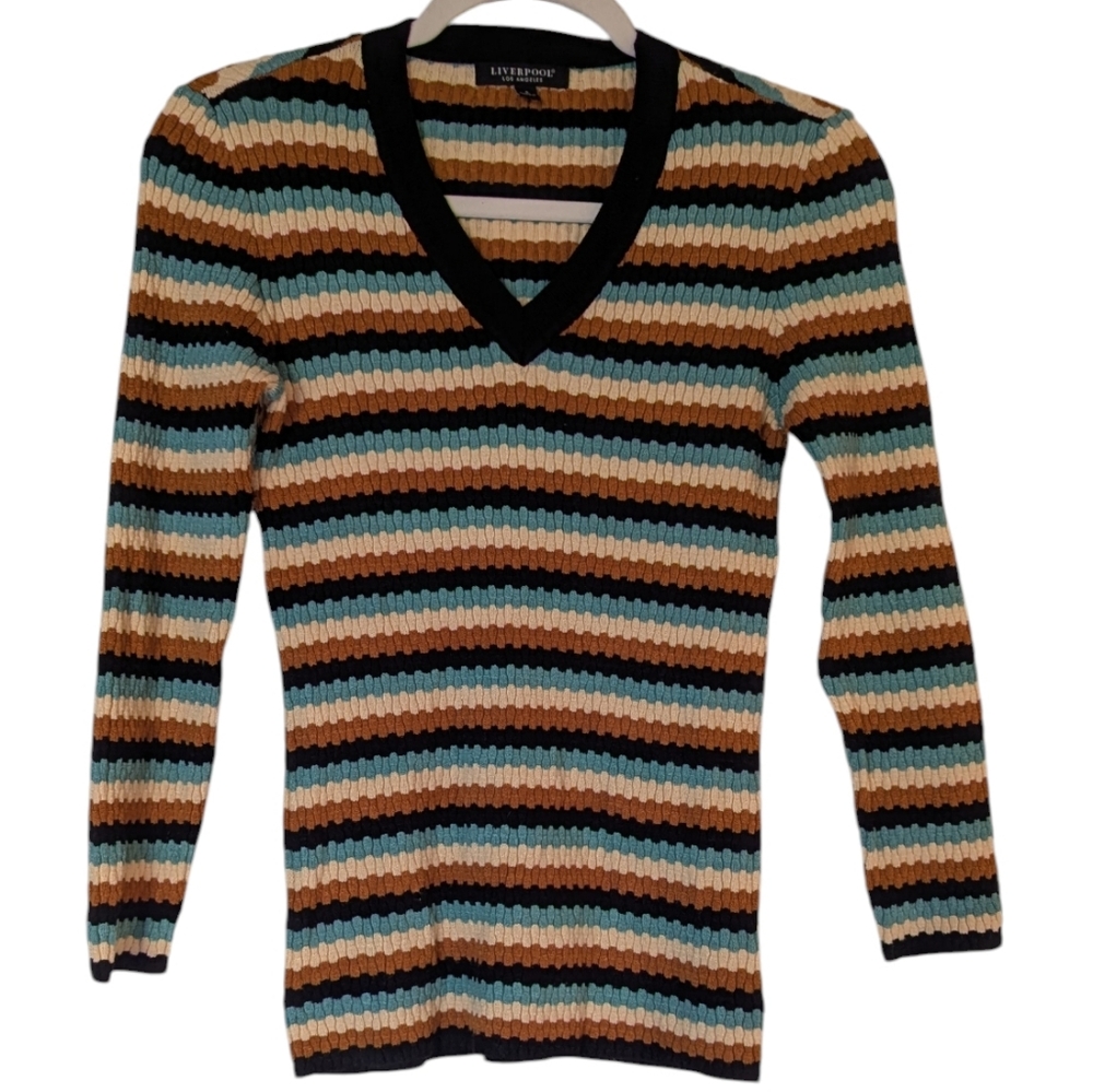 Liverpool, Ocean, Multi Stripe V-neck Top / Sweater. Small